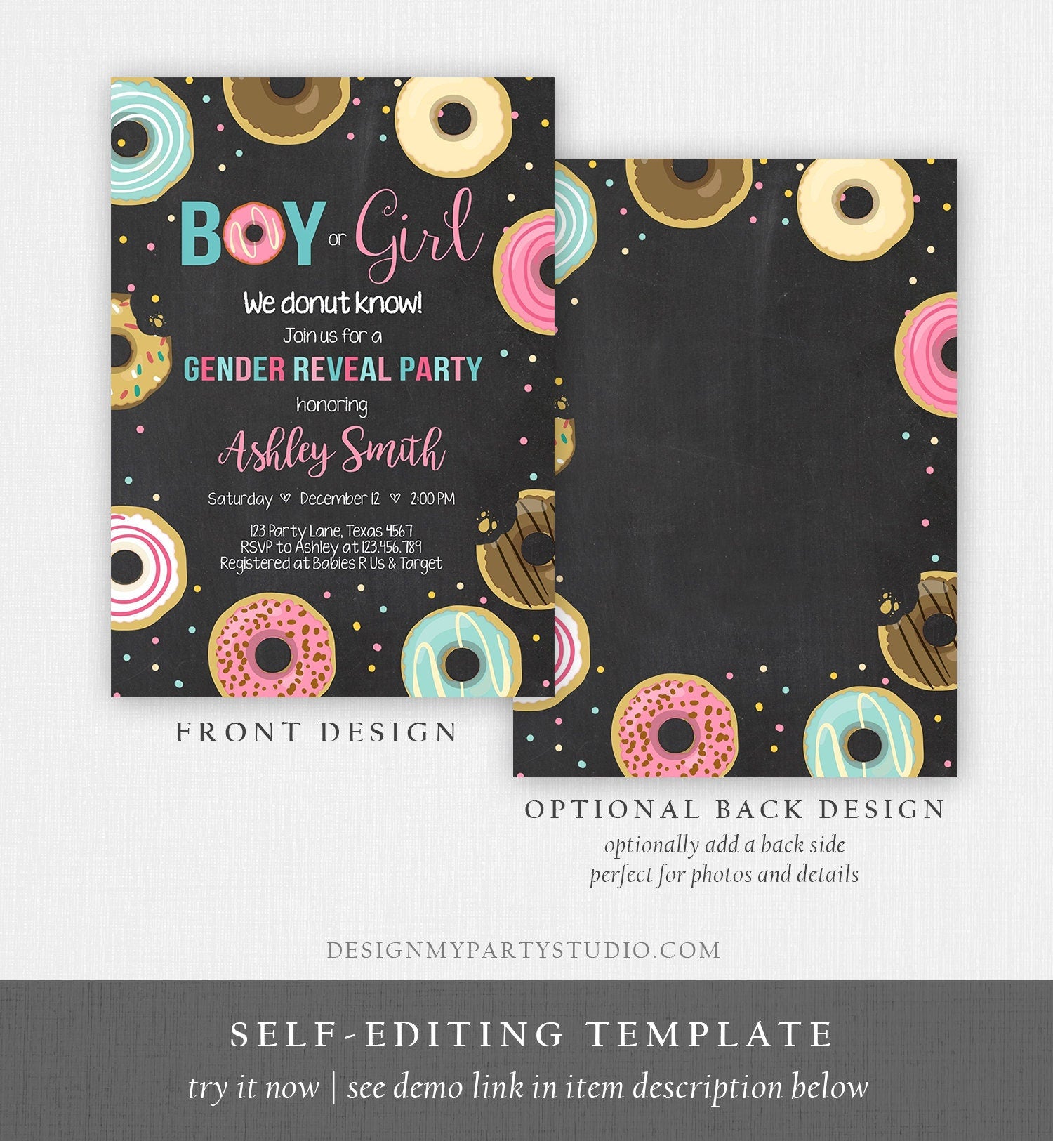 Editable Donut Gender Reveal Invitation Baby Shower Boy or Girl Pink or Blue He or She Pink Chalk Sweet Corjl Template Download Digital 0050