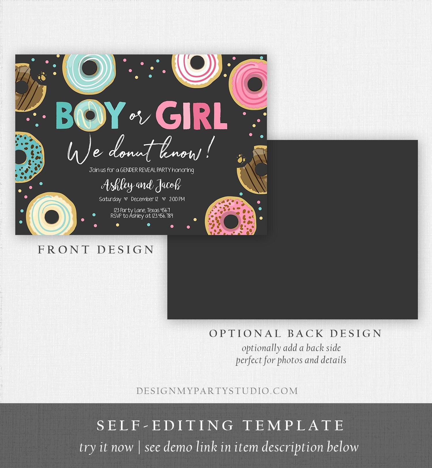 Editable Donut Gender Reveal Invitation Baby Shower Boy or Girl Pink or Blue He or She Pink Sweet Corjl Template Download Digital 0050