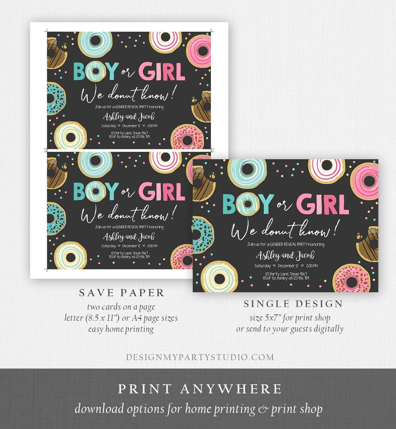 Editable Donut Gender Reveal Invitation Baby Shower Boy or Girl Pink or Blue He or She Pink Sweet Corjl Template Download Digital 0050