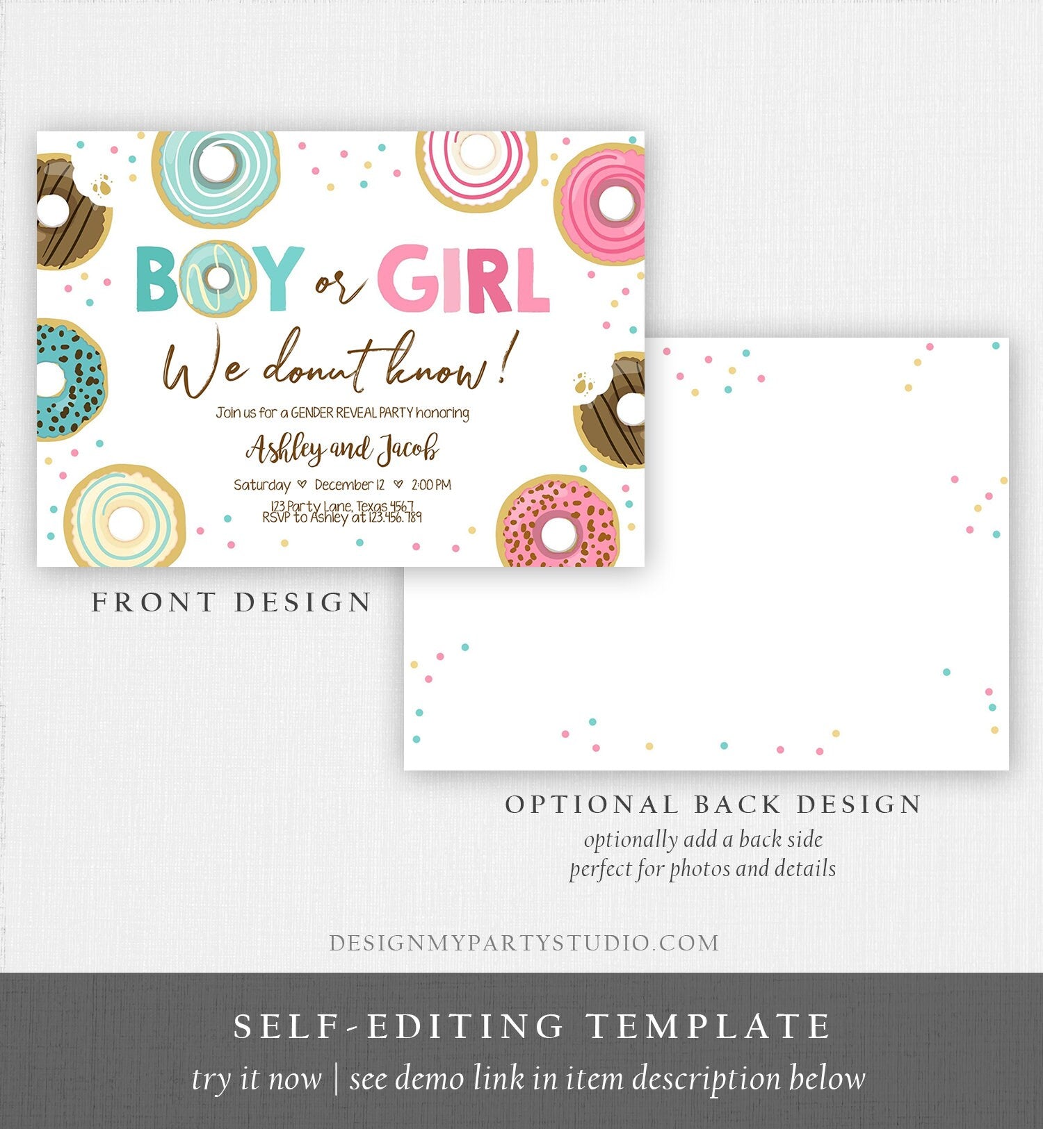 Editable Donut Gender Reveal Invitation Baby Shower Boy or Girl Pink or Blue He or She Pink Sweet Corjl Template Download Digital 0050