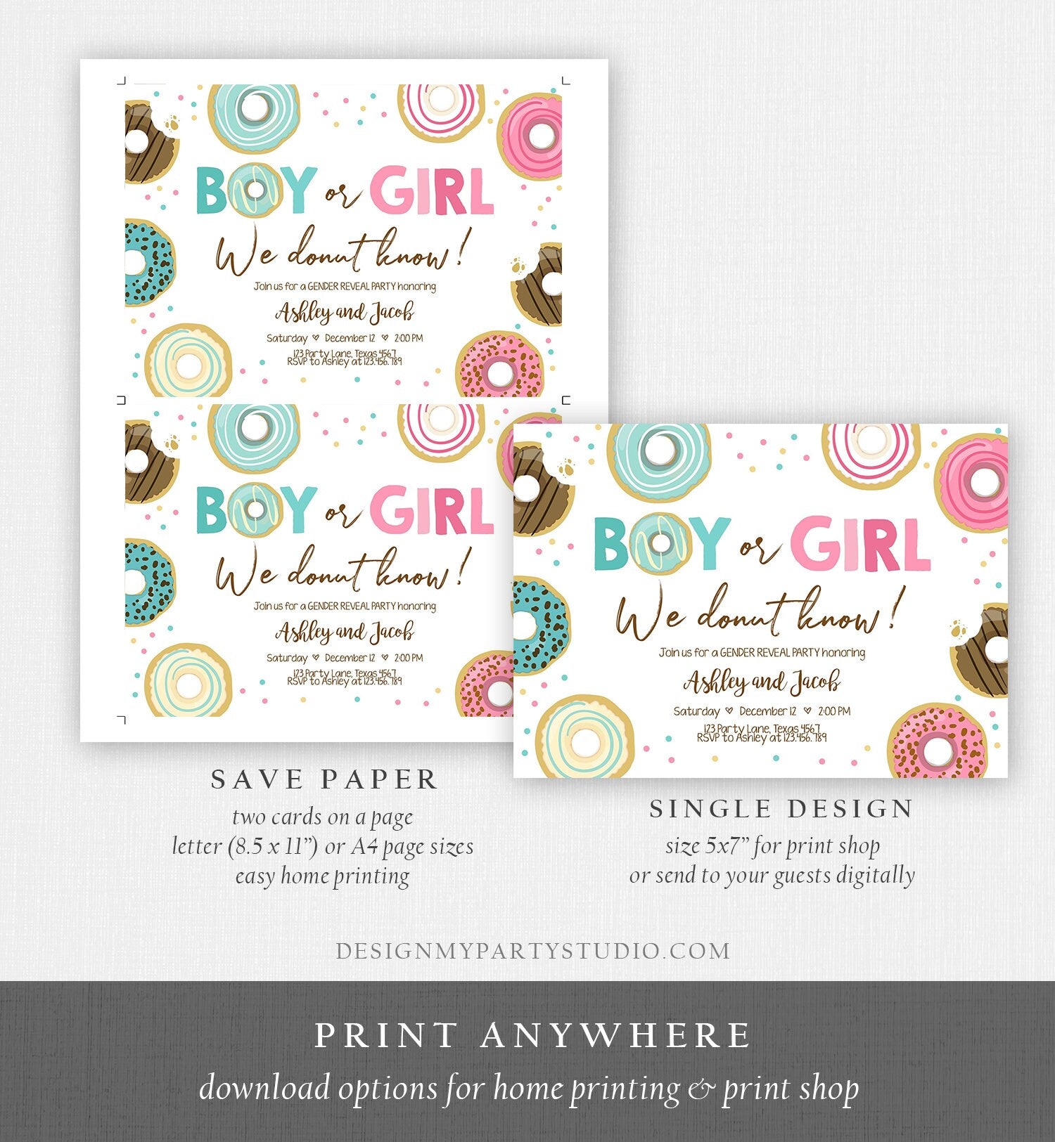 Editable Donut Gender Reveal Invitation Baby Shower Boy or Girl Pink or Blue He or She Pink Sweet Corjl Template Download Digital 0050