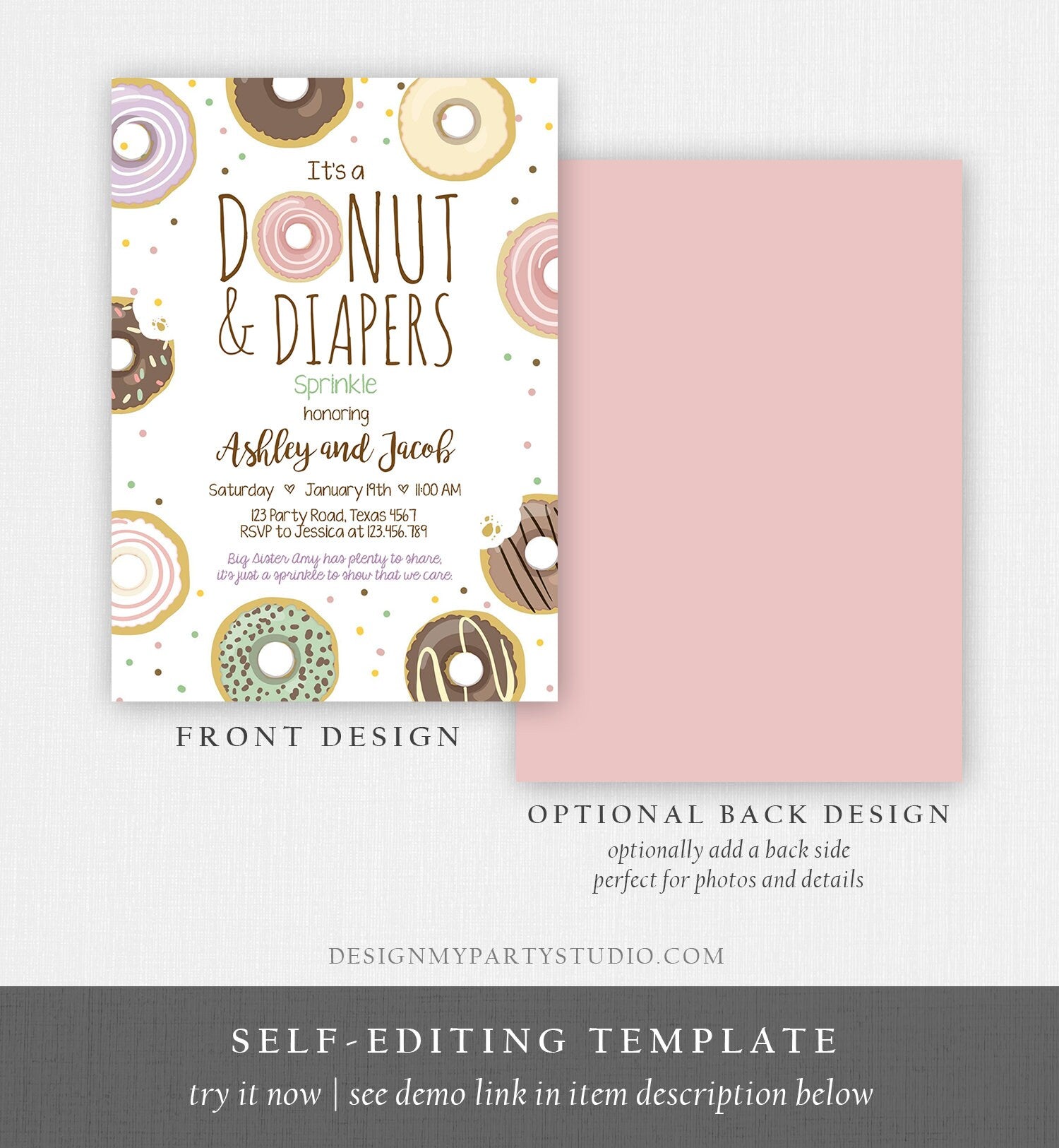 Editable Donut and Diapers Sprinkle Invitation Sprinkled With Love Coed Shower Pastel Pink Girl Boy Neutral Printable Corjl Template 0050