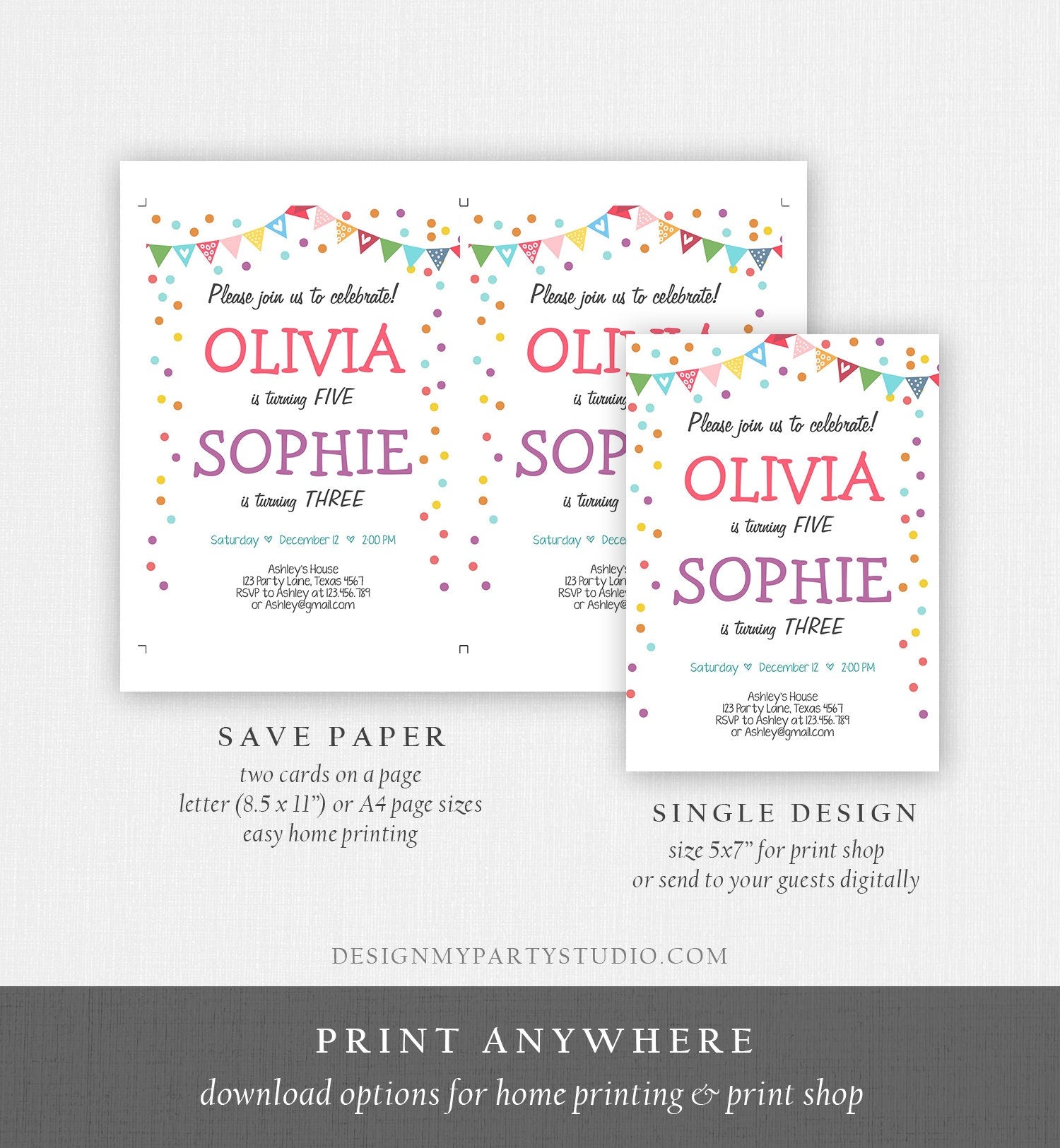 Editable Twin Birthday Invitation Twins Confetti Girls Joint Birthday Party Twin Confetti Download Printable Template Digital Corjl 0292