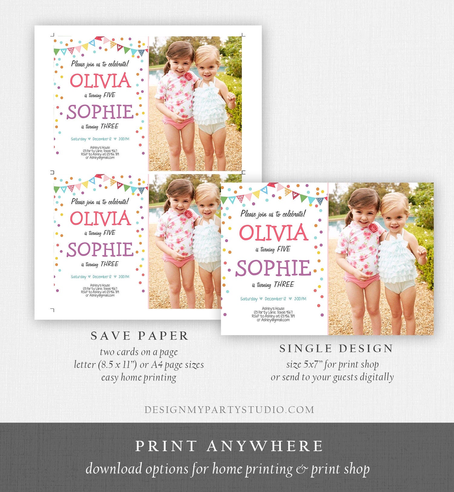 Editable Joint Birthday Invitation Twin Girls Confetti Twin Birthday Party Siblings Confetti Download Digital Corjl Template Printable 0292