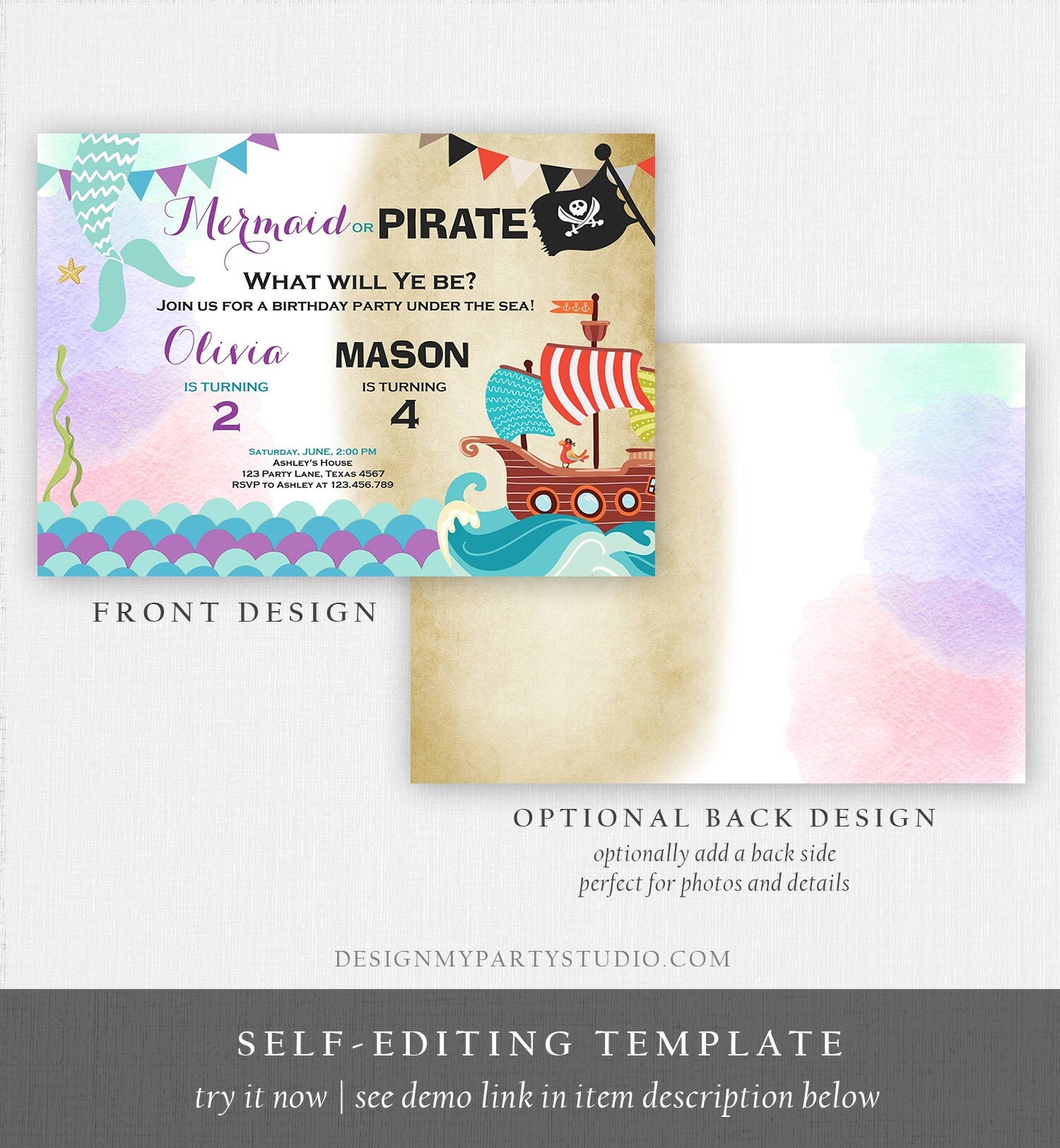 Editable Mermaid and Pirate Birthday Invitation Sibling Pirate or Mermaid Invite Boy and Girl Joint Download Printable Template Corjl 0293