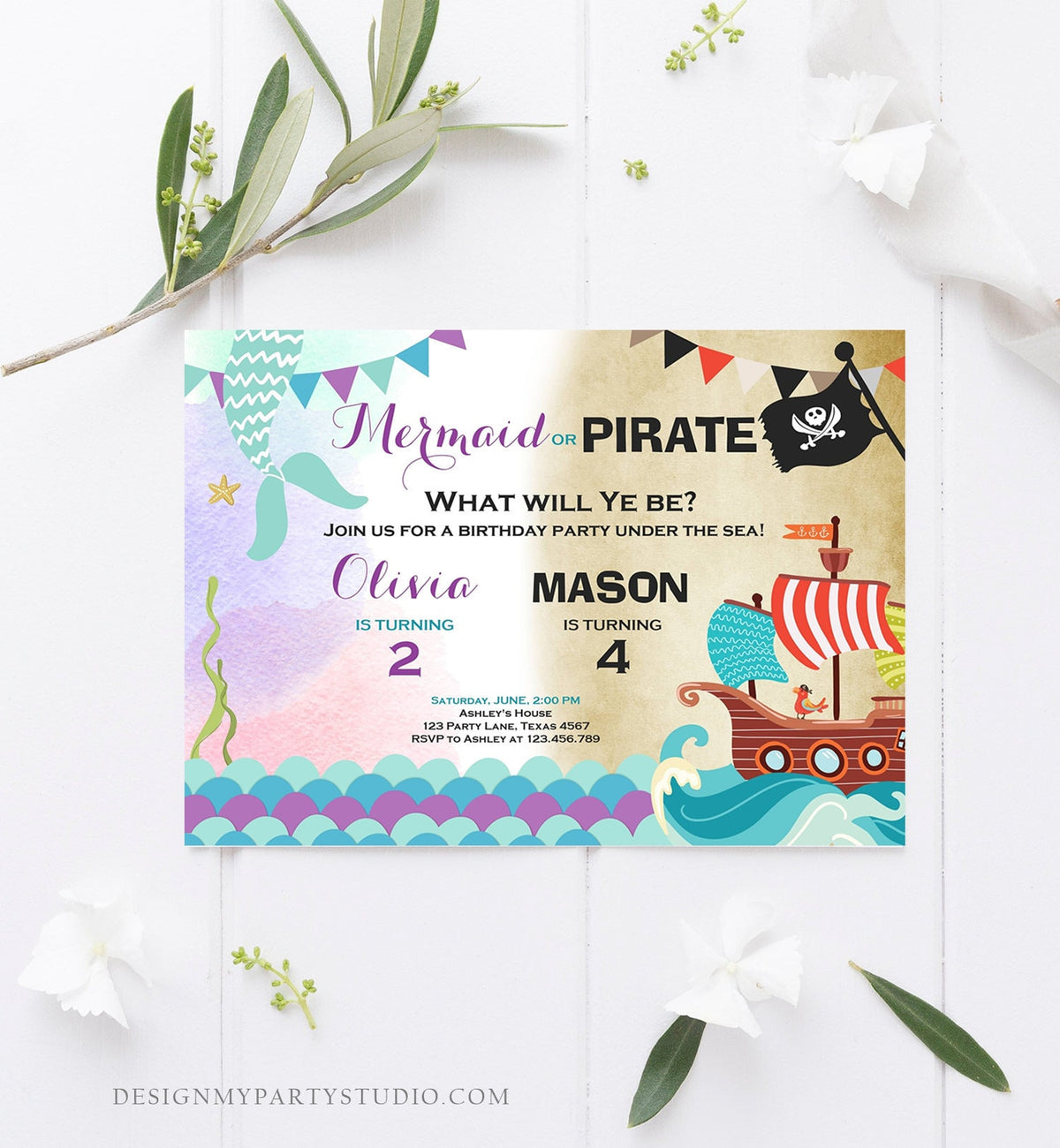 Editable Mermaid and Pirate Birthday Invitation Sibling Pirate or Mermaid Invite Boy and Girl Joint Download Printable Template Corjl 0293