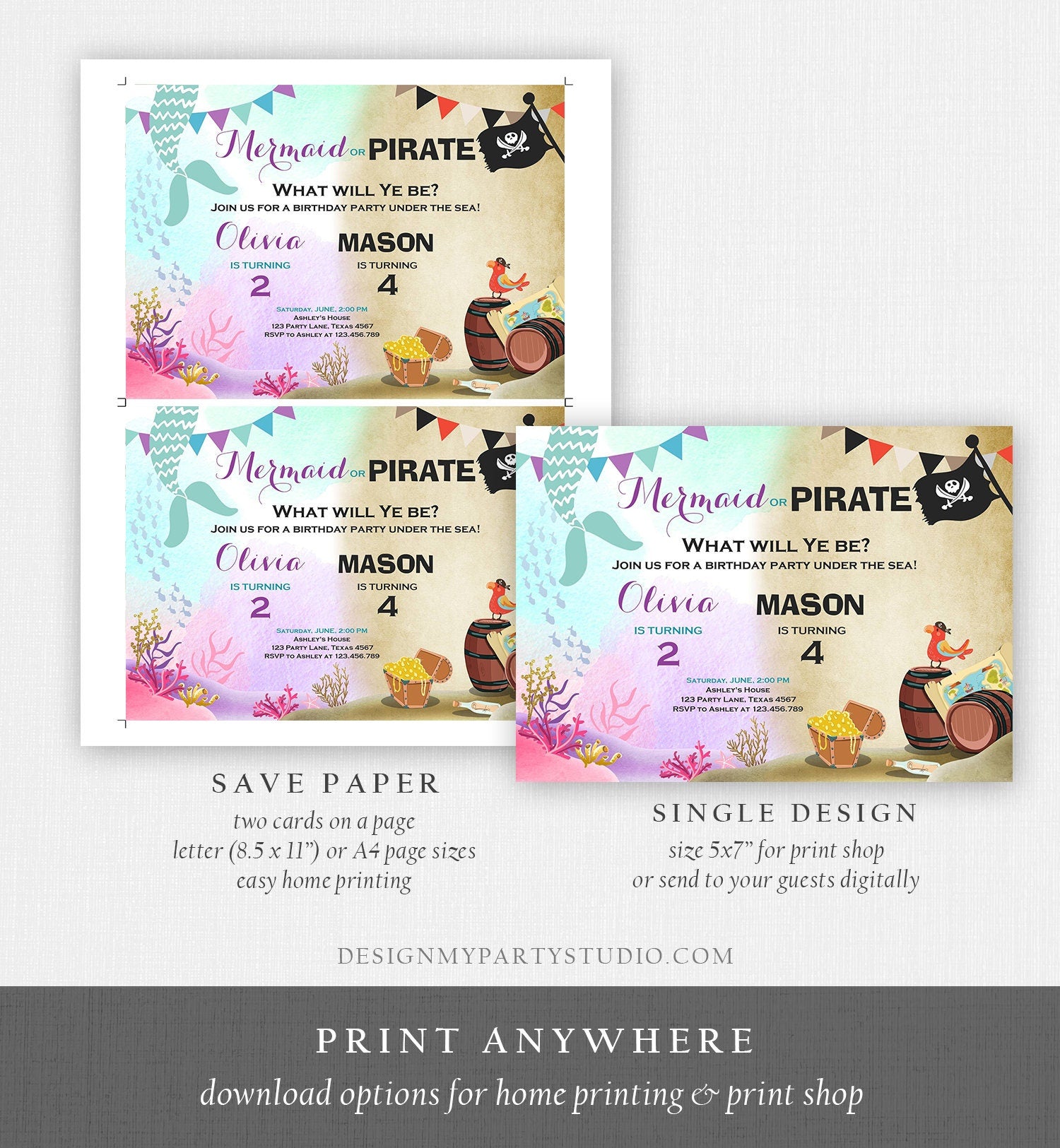 Editable Mermaid and Pirate Birthday Invitation Sibling Pirate or Mermaid Invite Boy and Girl Joint Download Printable Template Corjl 0293