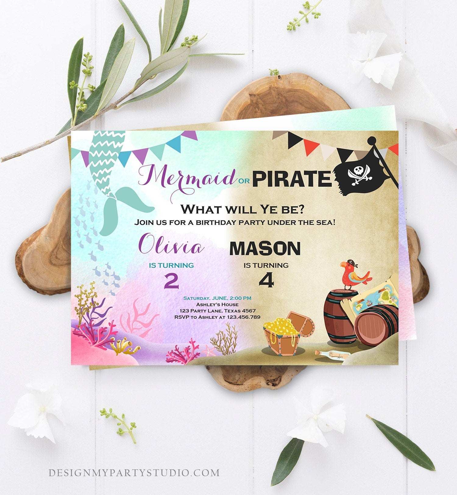 Editable Mermaid and Pirate Birthday Invitation Sibling Pirate or Mermaid Invite Boy and Girl Joint Download Printable Template Corjl 0293