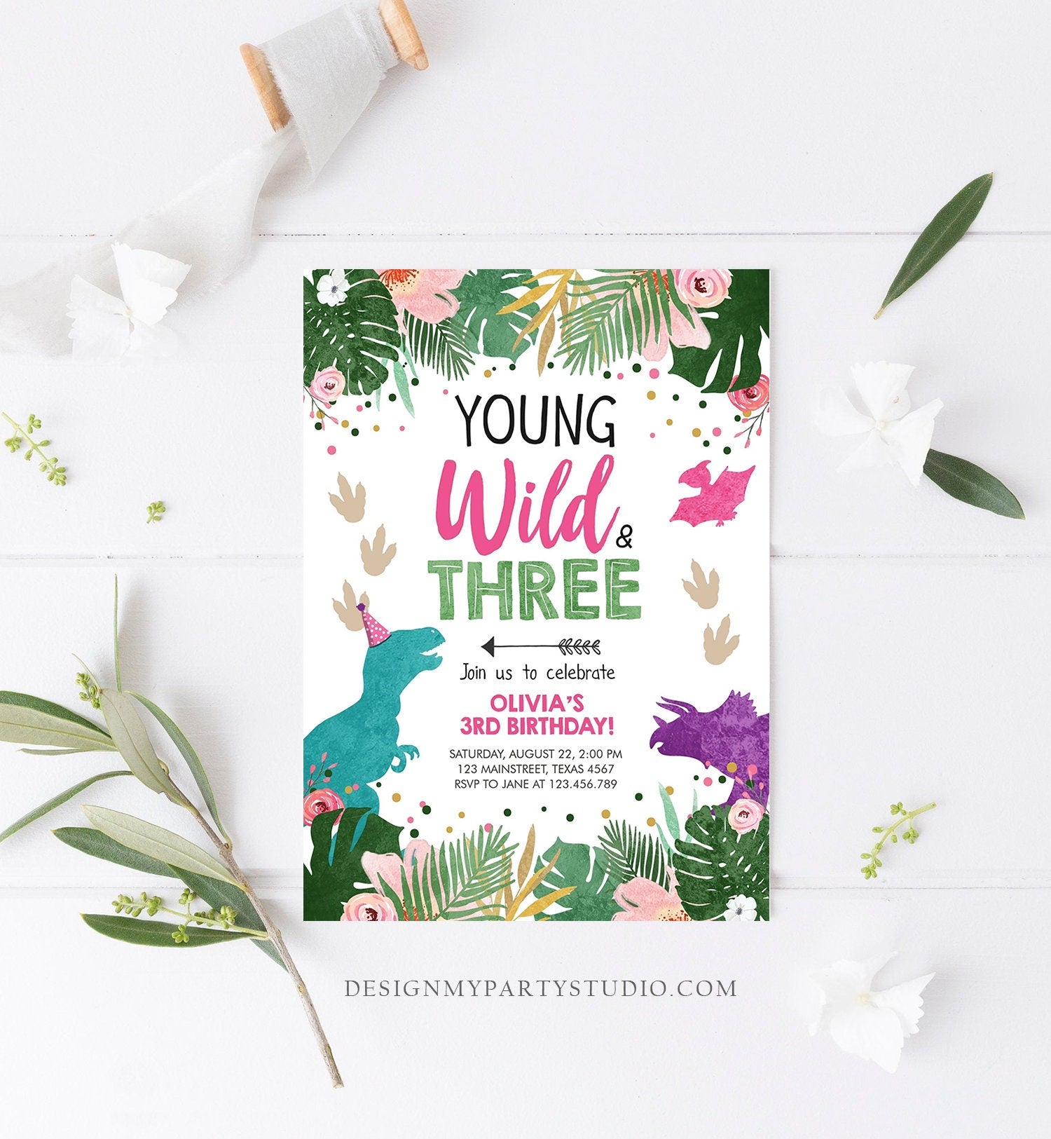 Editable Young Wild and Three Birthday Invitation Dinosaur Dino Party Girl 3rd Third Birthday Pink Purple Corjl Template Printable 0388