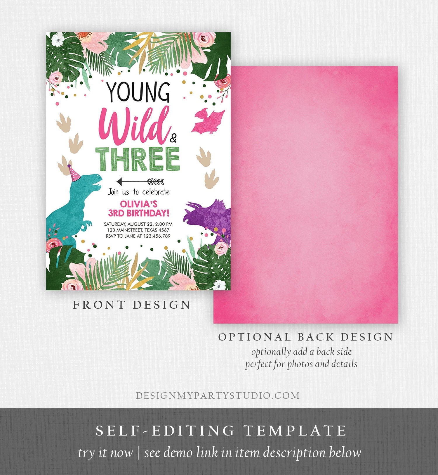 Editable Young Wild and Three Birthday Invitation Dinosaur Dino Party Girl 3rd Third Birthday Pink Purple Corjl Template Printable 0388