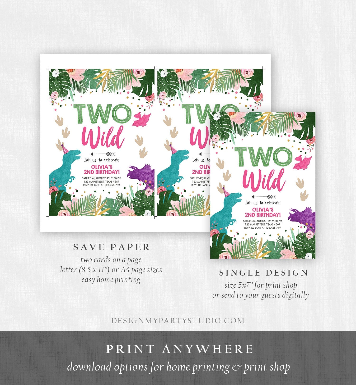 Editable Two Wild Birthday Invitation Dinosaur Dino Party Girl 2nd Second Birthday Born to Pink Purple Digital Corjl Template Printable 0388