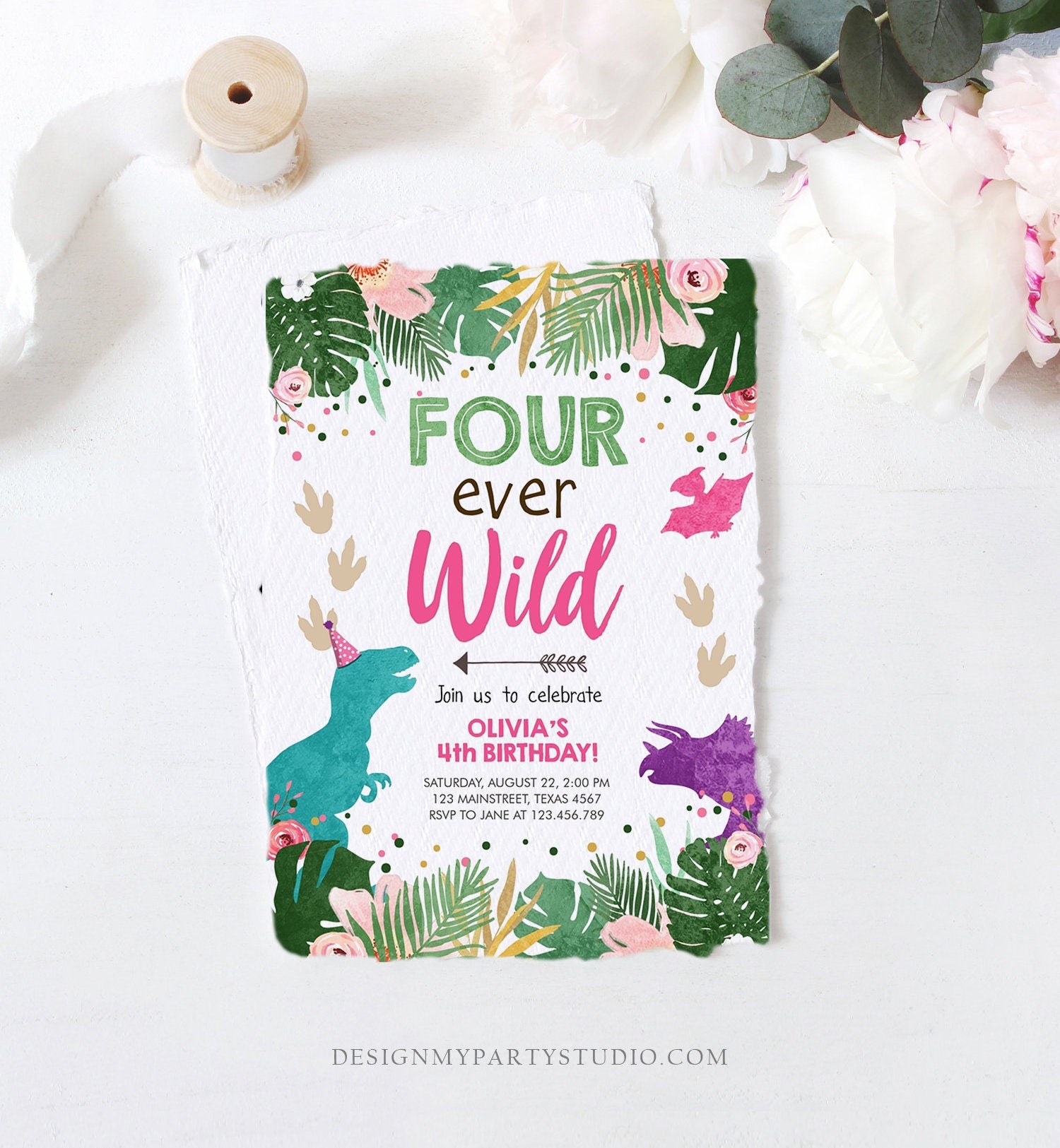 Editable Four Ever Wild Birthday Invitation Dinosaur Dino Party Girl 4th Fourth Birthday Pink Purple Fourever Corjl Template Printable 0388