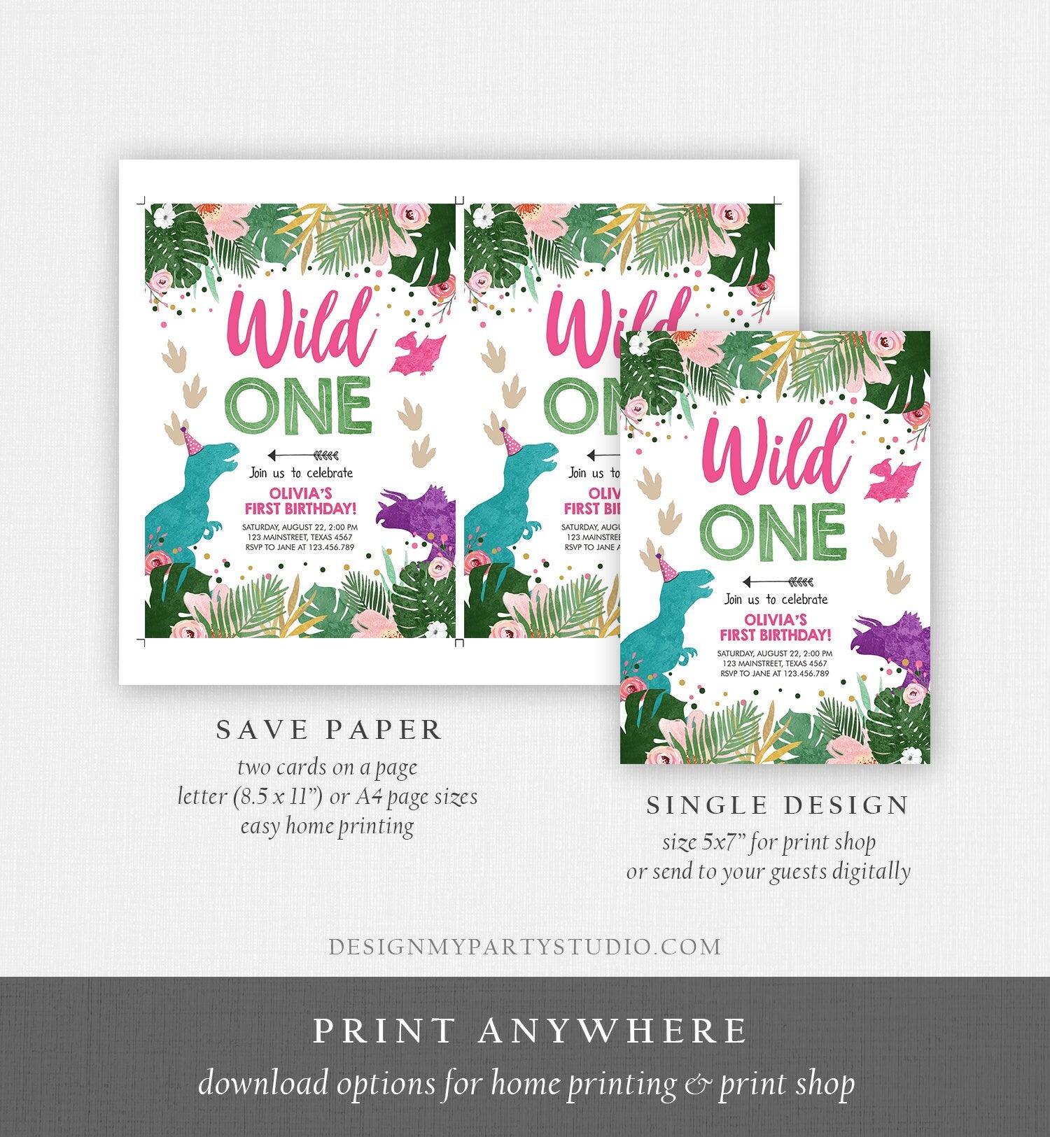 Editable Wild One Birthday Invitation Dinosaur Dino Party Girl 1st First Birthday Pink Purple Digital Download Corjl Template Printable 0388