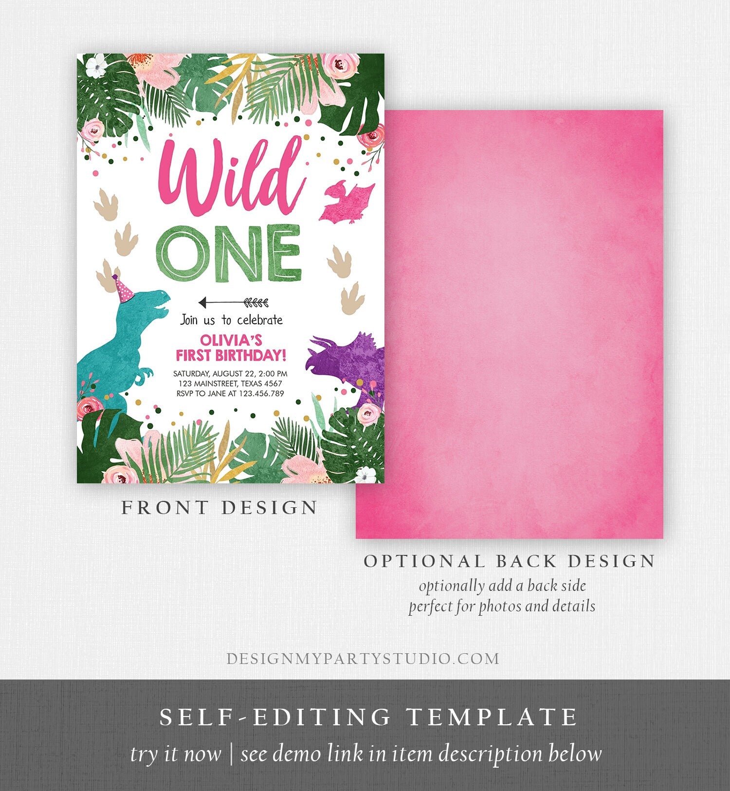 Editable Wild One Birthday Invitation Dinosaur Dino Party Girl 1st First Birthday Pink Purple Digital Download Corjl Template Printable 0388