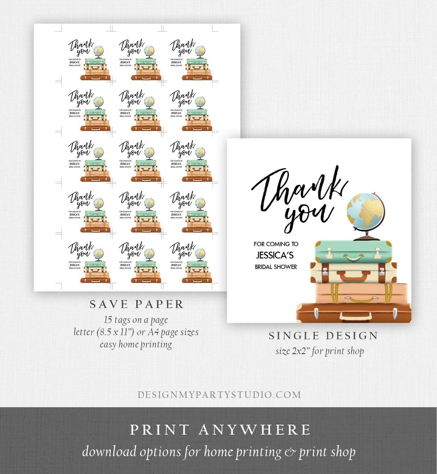 Editable Travel Thank You Tags Bridal Shower Favor Labels Adventure Round Stickers Suitcases Baby Download Corjl Template PRINTABLE 0030