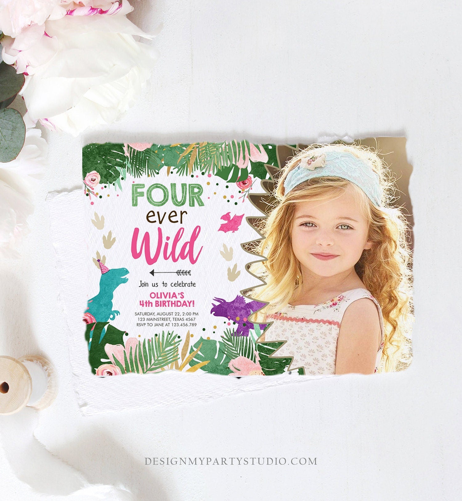 Editable Four Ever Wild Birthday Invitation Dinosaur Dino Party Girl 4th Fourth Birthday Pink Purple Fourever Corjl Template Printable 0388