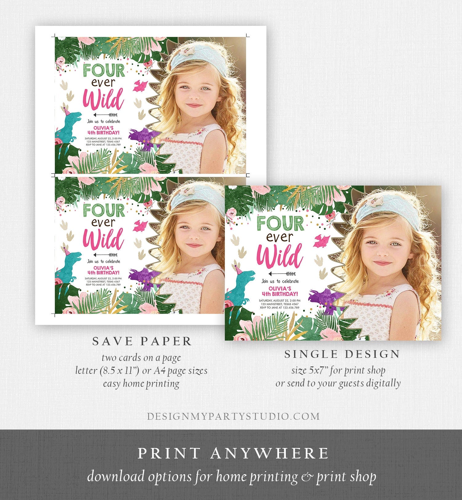 Editable Four Ever Wild Birthday Invitation Dinosaur Dino Party Girl 4th Fourth Birthday Pink Purple Fourever Corjl Template Printable 0388