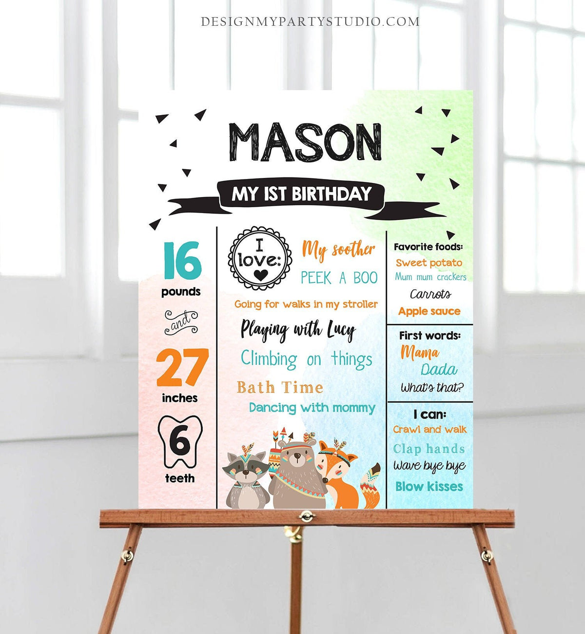 Editable Tribal Woodland Birthday Milestones Sign Wild One First Birthday 1st Boy Boho Woodland Animals Corjl Template Printable 0061