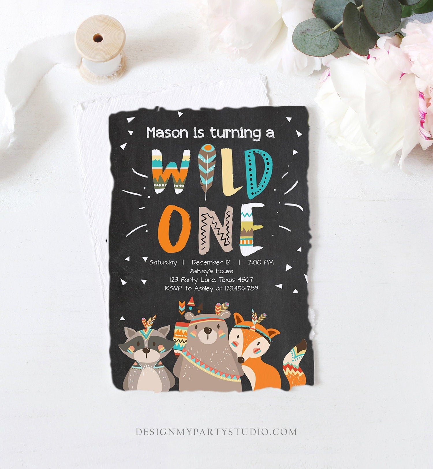 Editable Tribal Woodland Wild One First Birthday Invitation Boho Woodland Animals Boy Chalk Download Printable Template Corjl Digital 0061