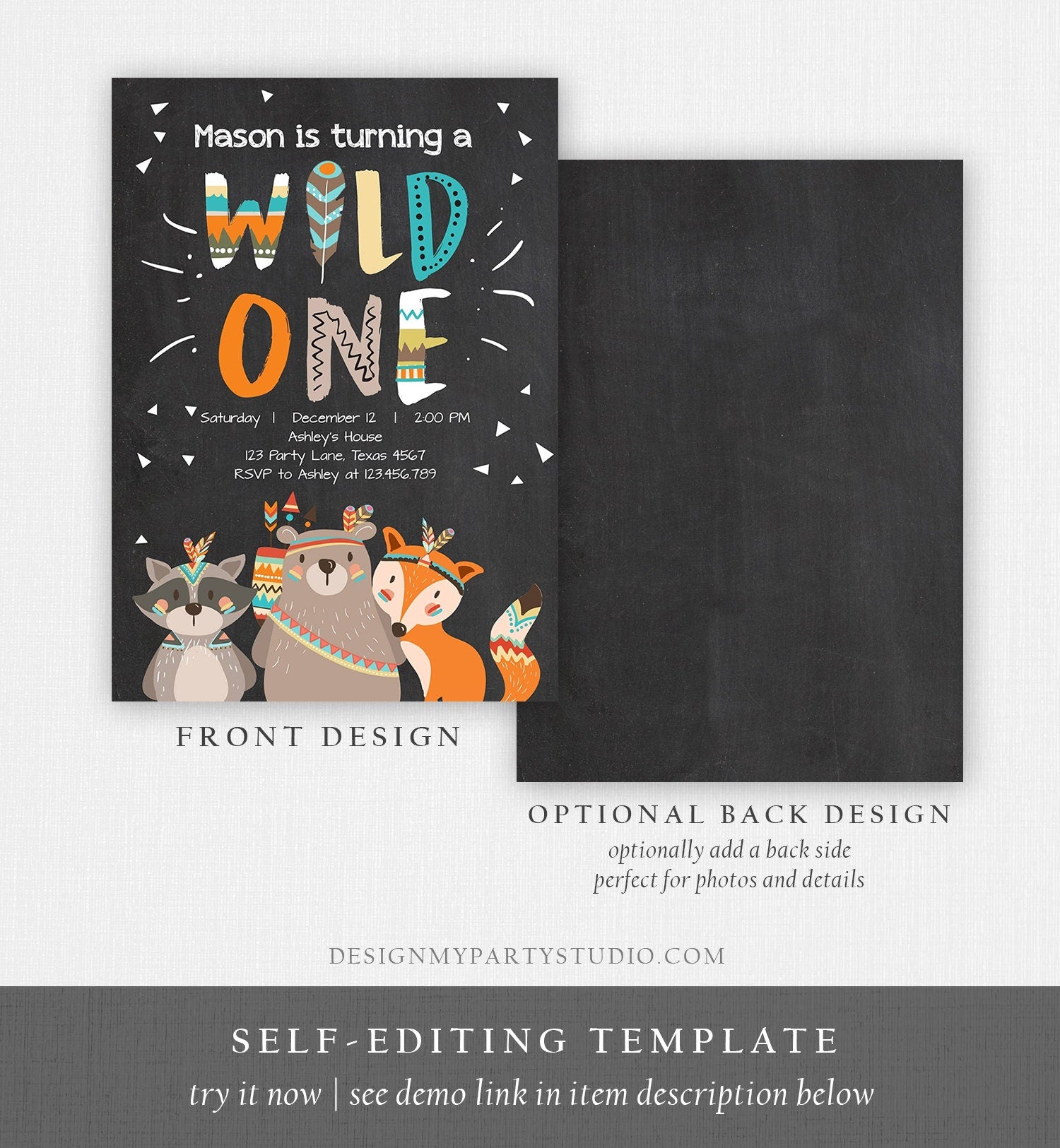 Editable Tribal Woodland Wild One First Birthday Invitation Boho Woodland Animals Boy Chalk Download Printable Template Corjl Digital 0061