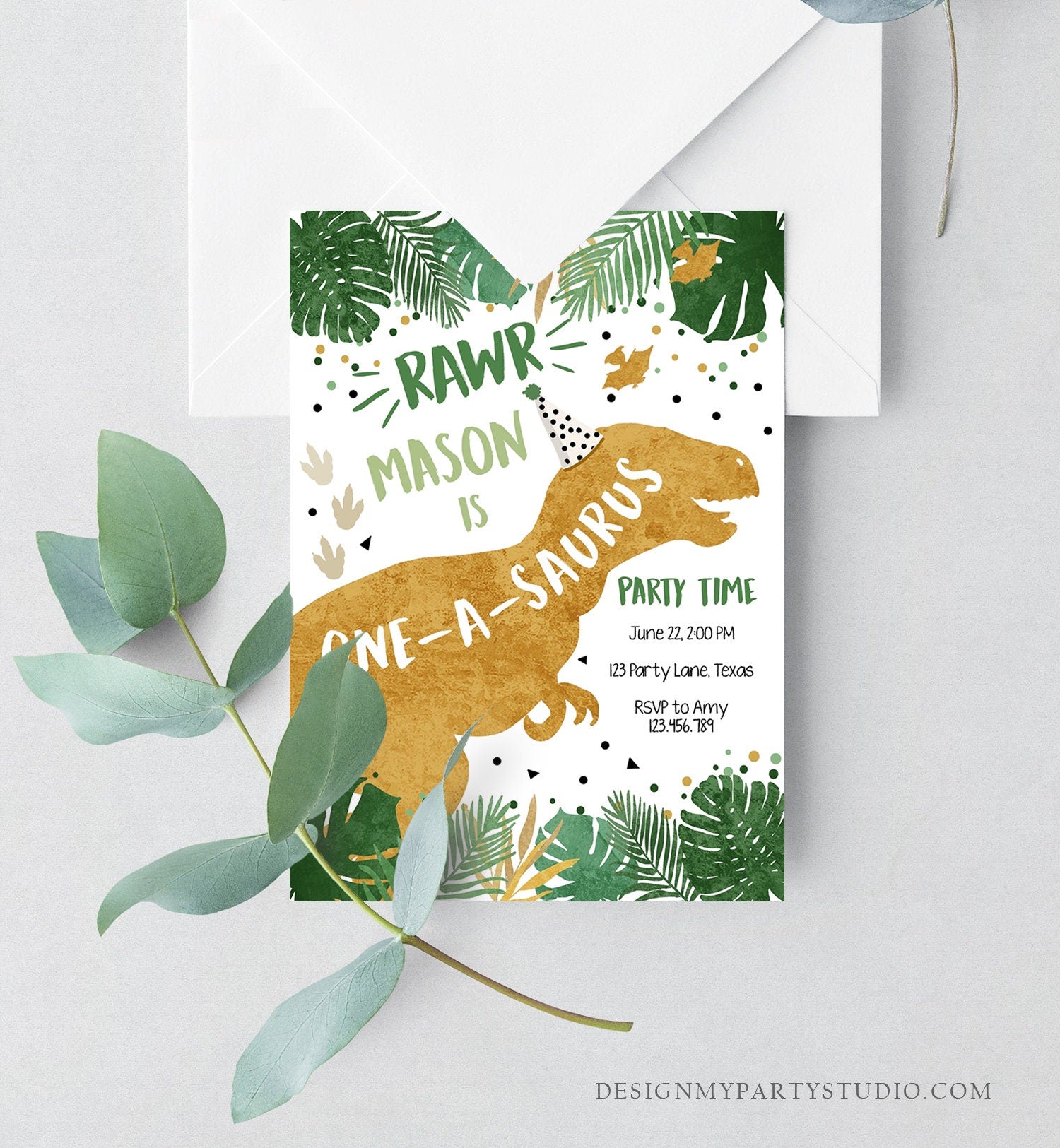 Editable One-A-Saurus Dinosaur Birthday Invitation Dino T-Rex Boy First Birthday 1st RAWR ROAR Green Gold Prehistoric Corjl Template 0146