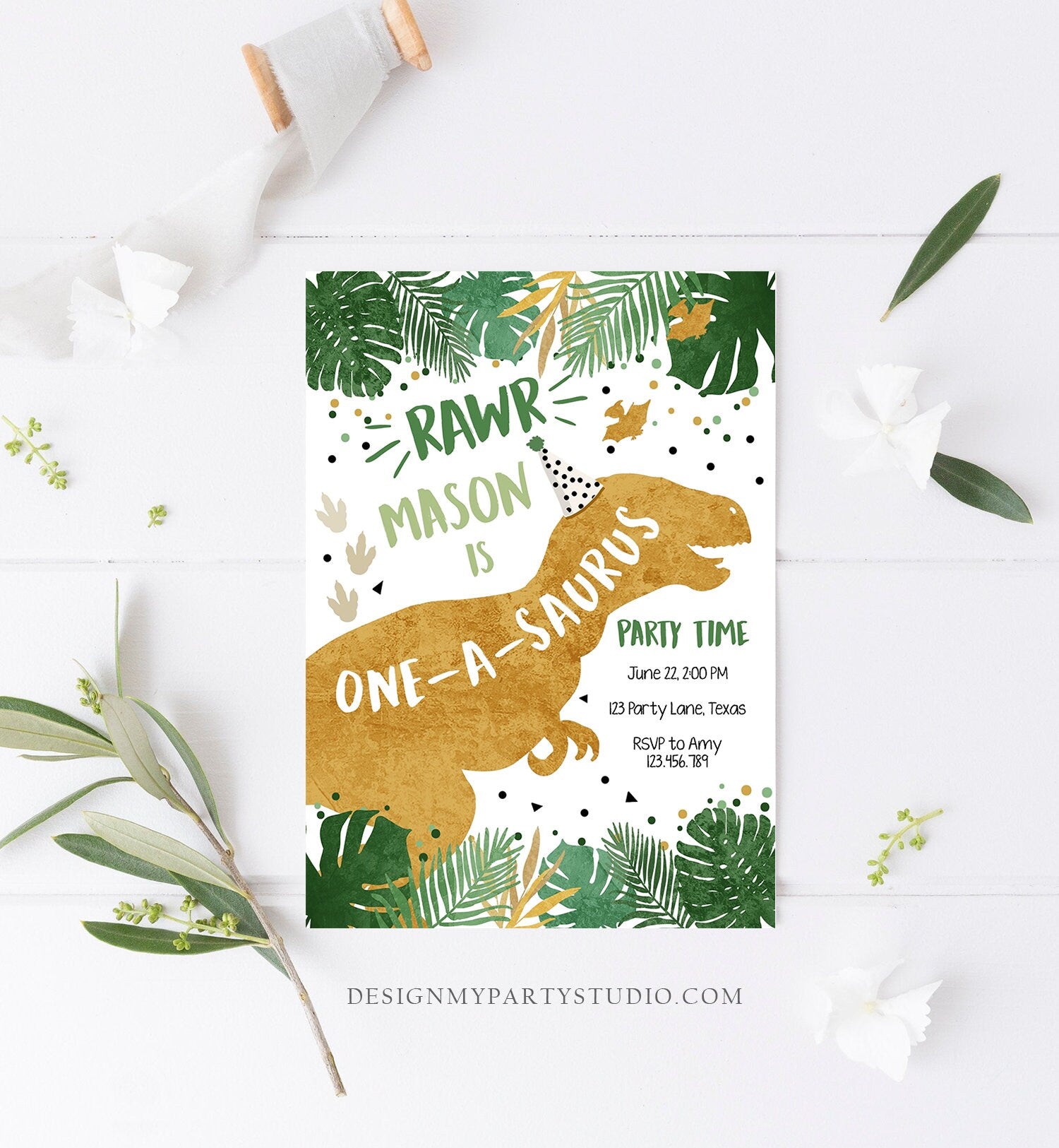 Editable One-A-Saurus Dinosaur Birthday Invitation Dino T-Rex Boy First Birthday 1st RAWR ROAR Green Gold Prehistoric Corjl Template 0146