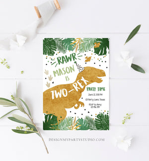 Editable Two-Rex Dinosaur Birthday Invitation Dino T-Rex Boy Second Birthday 2nd RAWR ROAR Green Gold Prehistoric Corjl Template 0146