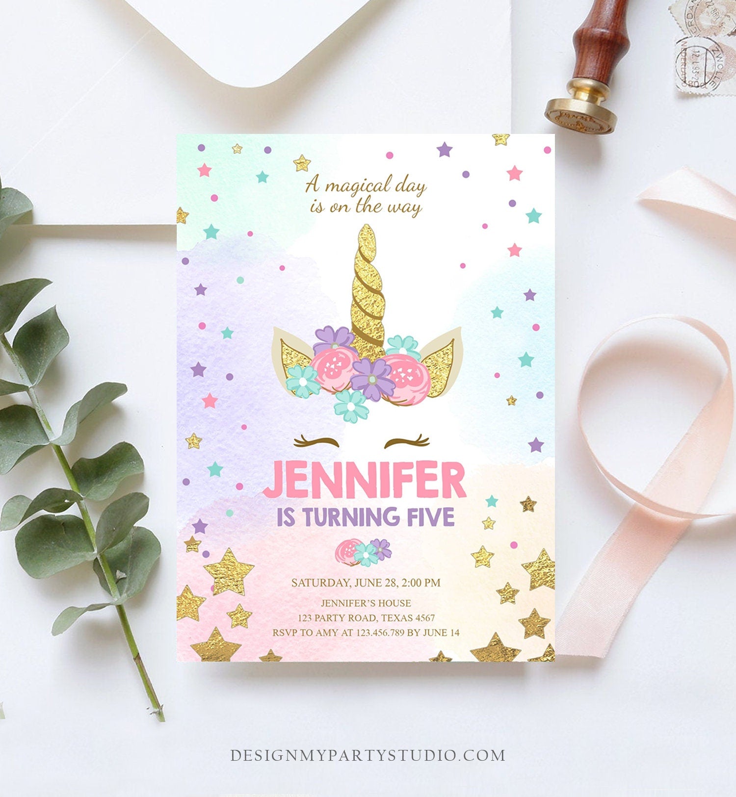 Editable Magical Unicorn Birthday Invitation ANY AGE Pastel Pink Girl Gold Stars Party Floral Digital Download Corjl Template Printable 0041