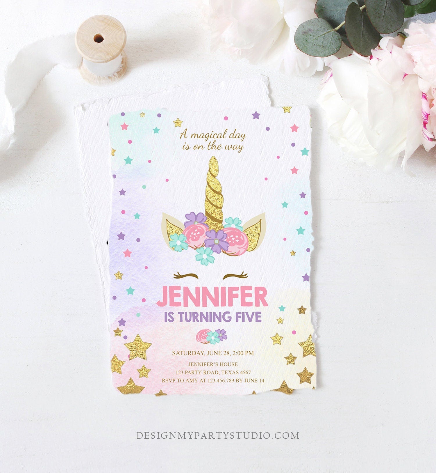 Editable Magical Unicorn Birthday Invitation ANY AGE Pastel Pink Girl Gold Stars Party Floral Digital Download Corjl Template Printable 0041