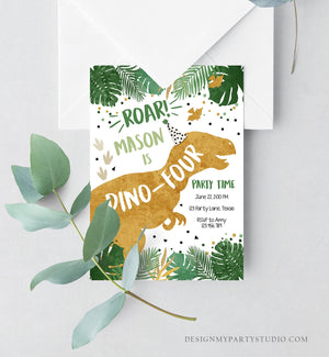 Editable Dino-Four Dinosaur Birthday Invitation Dino T-Rex Boy Fourth Birthday 4th RAWR ROAR Green Gold Prehistoric Corjl Template 0146