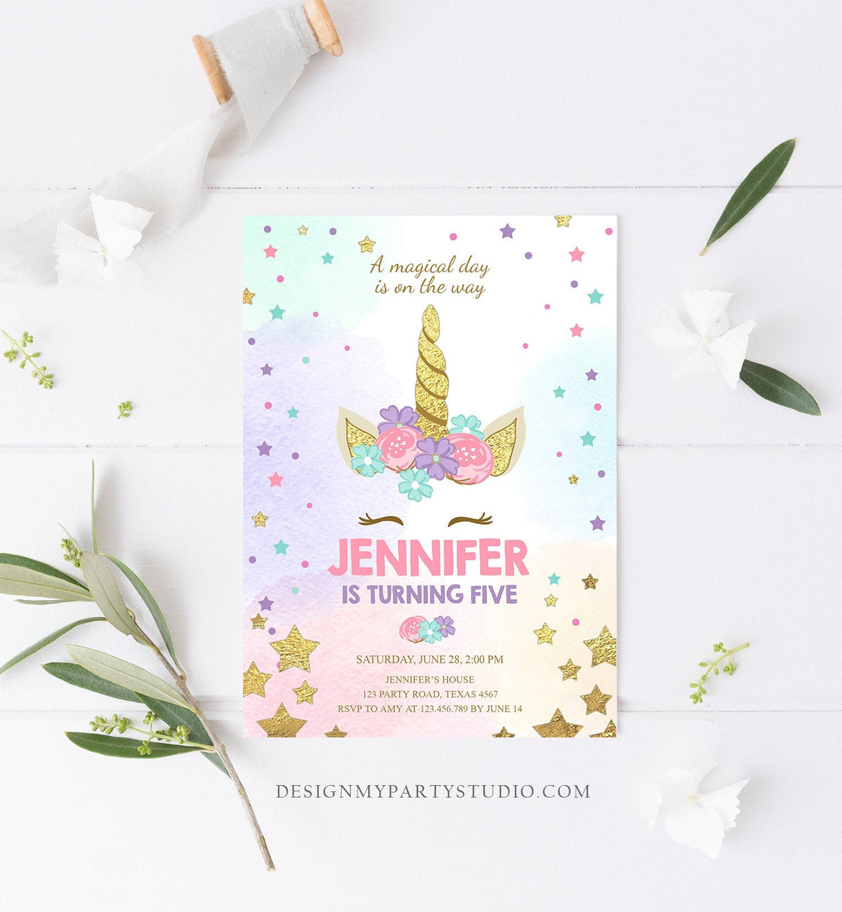 Editable Magical Unicorn Birthday Invitation ANY AGE Pastel Pink Girl Gold Stars Party Floral Digital Download Corjl Template Printable 0041