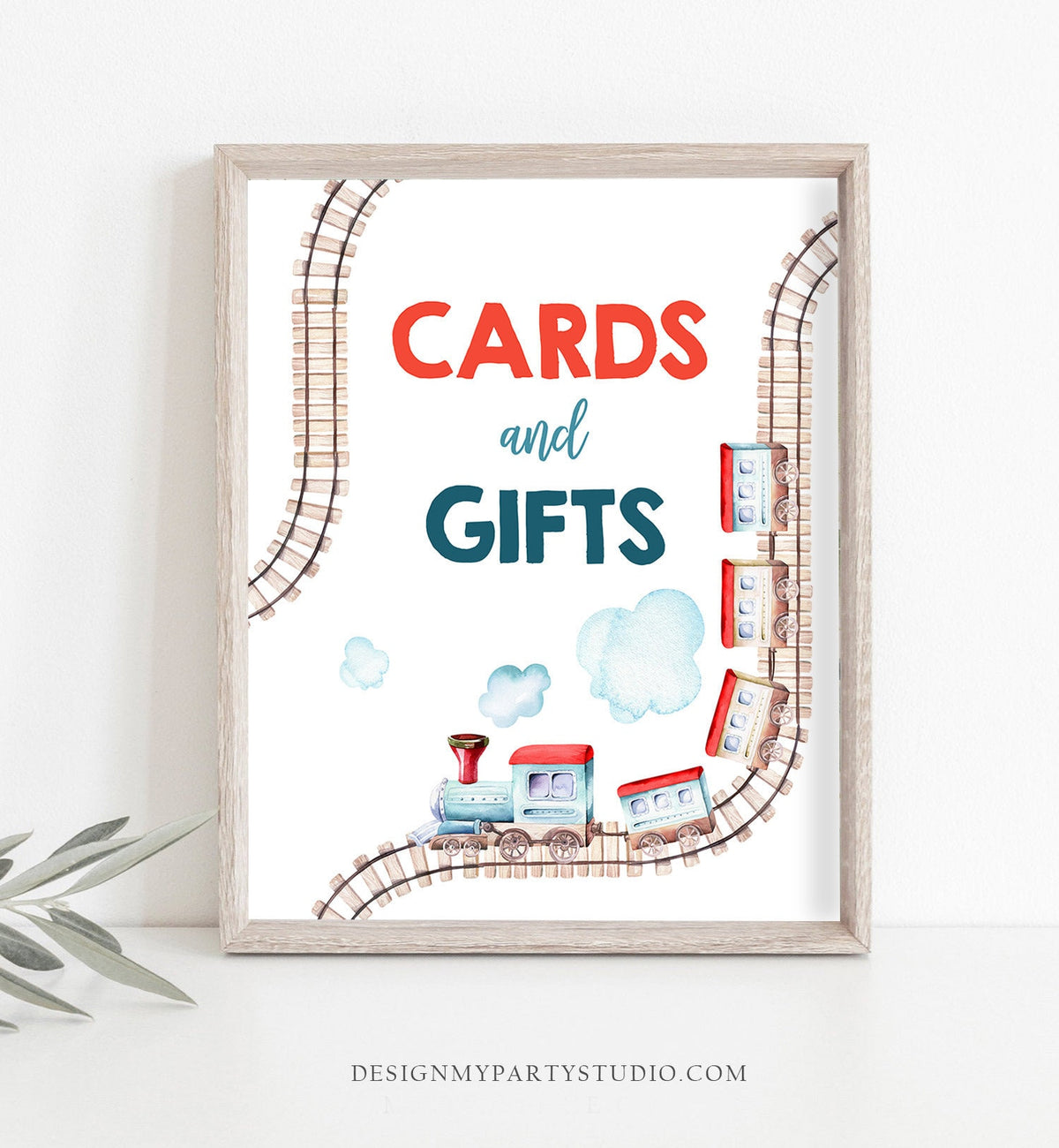 Cards and Gifts Sign Train Birthday Party Vintage Train Theme Boy Birthday Red Blue Gift Table Sign Drop Off Sign Decor Printable 0149