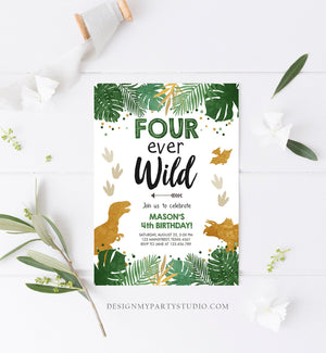 Editable Four Ever Wild Birthday Invitation Dinosaur Dino Party Boy 4th Fourth Birthday Green Gold Fourever Corjl Template Printable 0146