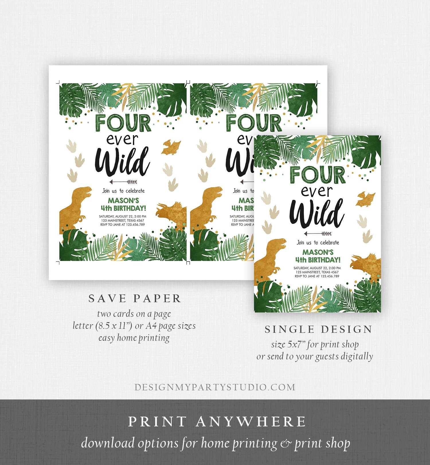 Editable Four Ever Wild Dinosaur Birthday Invitation Dino Party Boy 4th TRex Green Gold Fourever Digital Template Printable Evite 0146