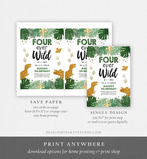 Editable Four Ever Wild Birthday Invitation Dinosaur Dino Party Boy 4th Fourth Birthday Green Gold Fourever Corjl Template Printable 0146