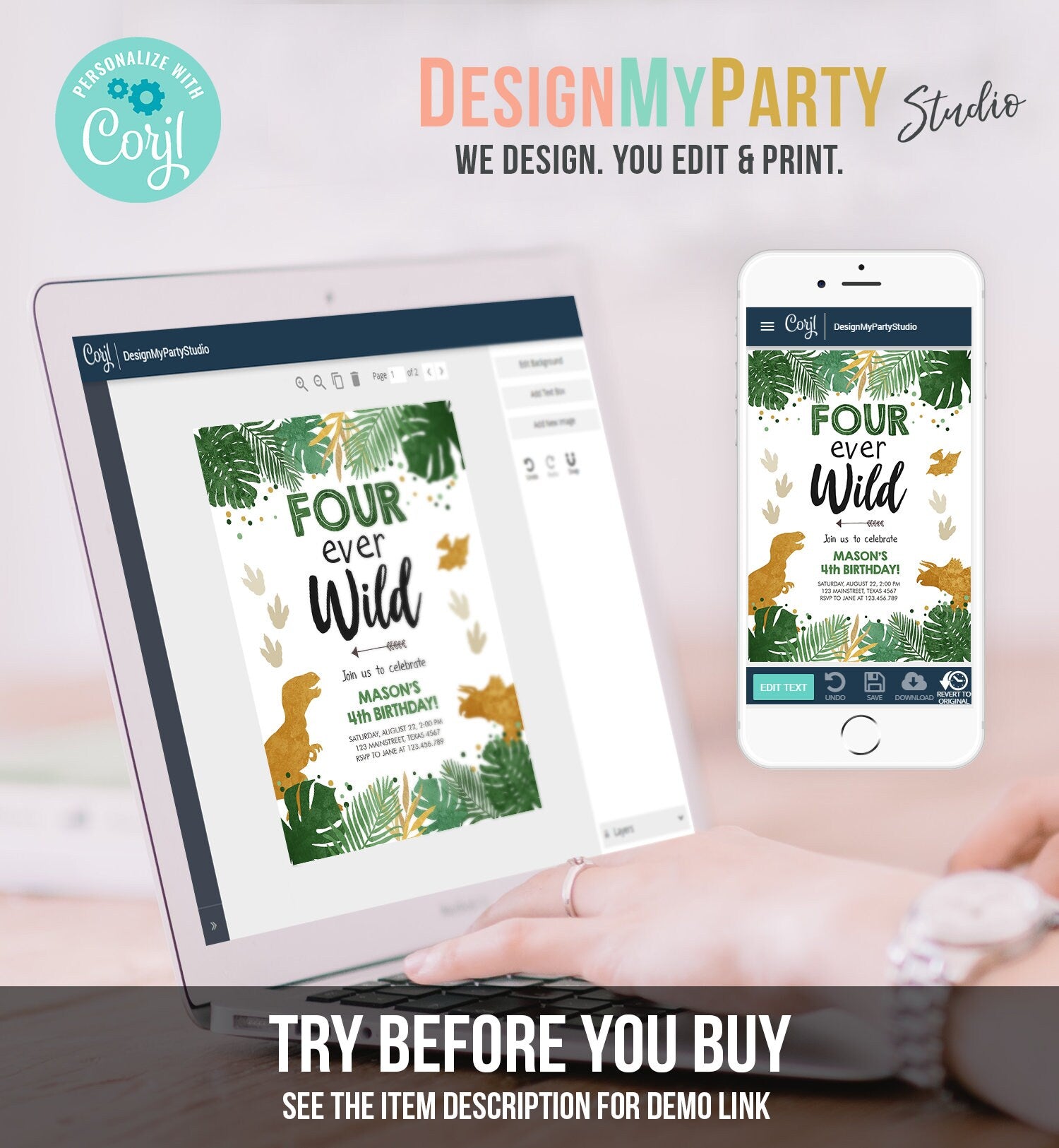 Editable Four Ever Wild Dinosaur Birthday Invitation Dino Party Boy 4th TRex Green Gold Fourever Digital Template Printable Evite 0146