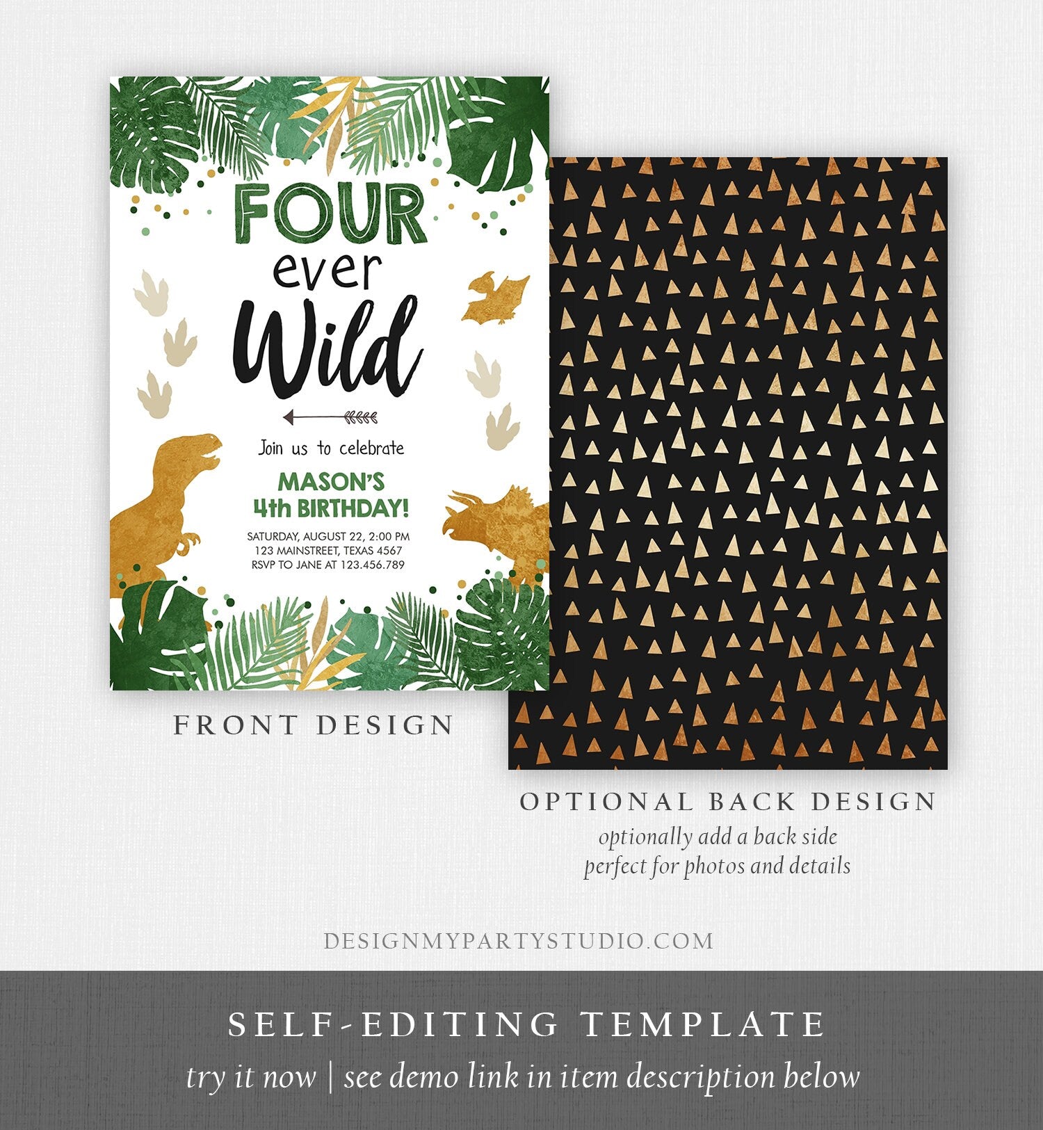 Editable Four Ever Wild Dinosaur Birthday Invitation Dino Party Boy 4th TRex Green Gold Fourever Digital Template Printable Evite 0146