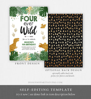 Editable Four Ever Wild Birthday Invitation Dinosaur Dino Party Boy 4th Fourth Birthday Green Gold Fourever Corjl Template Printable 0146