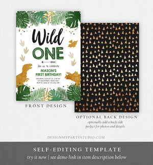 Editable Wild One Birthday Invitation Dinosaur Dino Party Boy 1st First Birthday Green Gold Born to be Wild Corjl Template Printable 0146