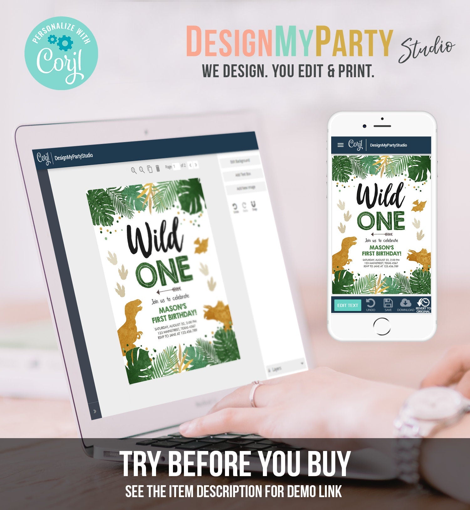 Editable Wild One Birthday Invitation Dinosaur Dino Party Boy 1st First Birthday Green Gold Born to be Wild Corjl Template Printable 0146