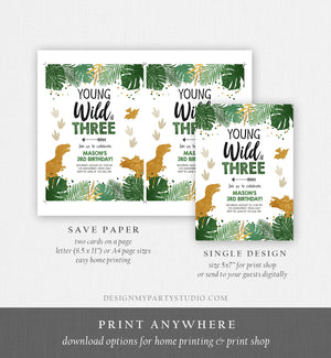 Editable Young Wild and Three Birthday Invitation Dinosaur Dino Party Boy 3rd Third Birthday Green Gold Black Corjl Template Printable 0146