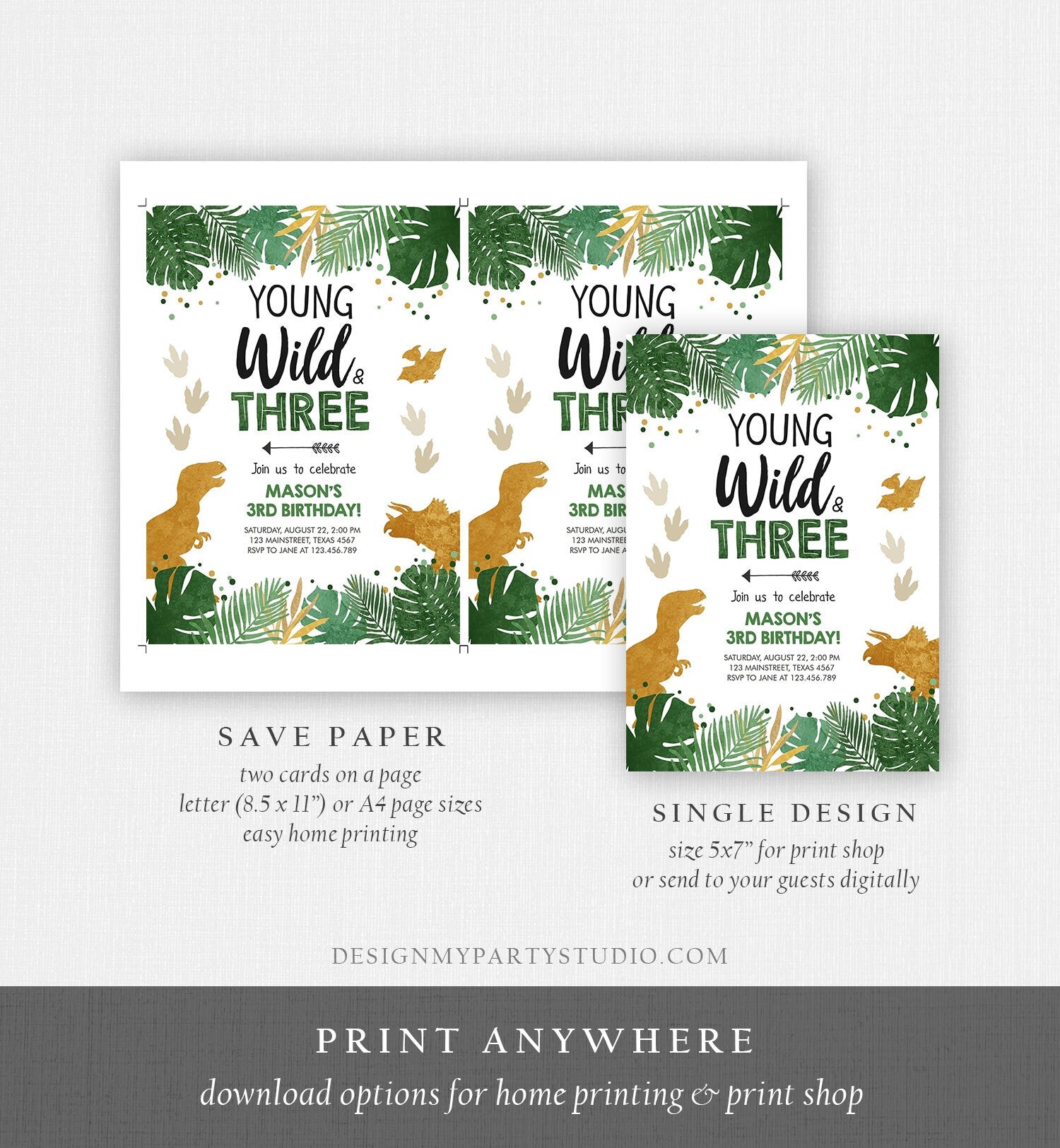 Editable Young Wild and Three Dinosaur Birthday Invitation Dino Party TRex Boy 3rd Third Birthday Evite Digital Template Printable 0146