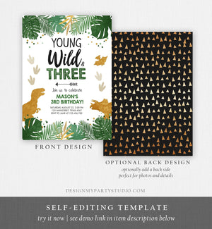 Editable Young Wild and Three Birthday Invitation Dinosaur Dino Party Boy 3rd Third Birthday Green Gold Black Corjl Template Printable 0146