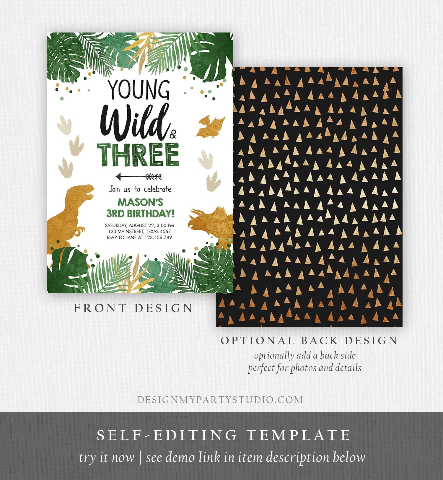 Editable Young Wild and Three Dinosaur Birthday Invitation Dino Party TRex Boy 3rd Third Birthday Evite Digital Template Printable 0146