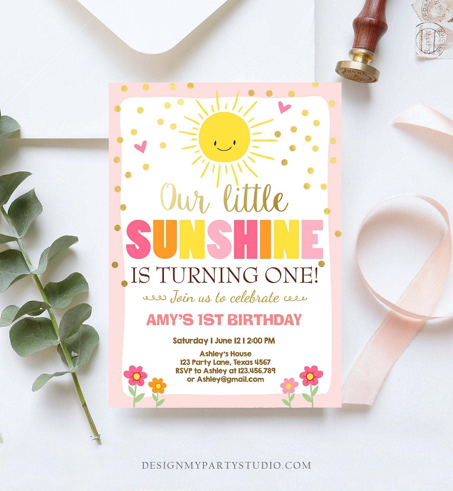 Editable Our Little Sunshine Birthday Invitation Summer Sunshine Party First Birthday 1st Party Pink Girl Bow Download Corjl Template 0070