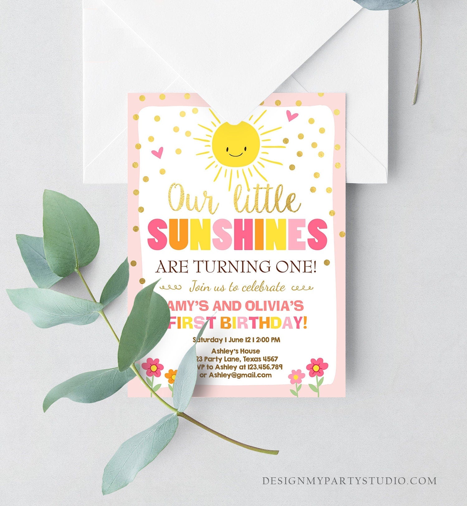 Editable Birthday Invitation Twins Little Sunshines Girls Siblings Pink Gold Girl Summer Digital Download Template Corjl Printable 0070