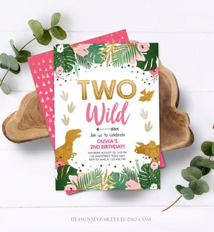 Editable Two Wild Birthday Invitation Dinosaur Dino Party Girl 2nd Second Birthday Pink Gold In Two the Wild Corjl Template Printable 0146