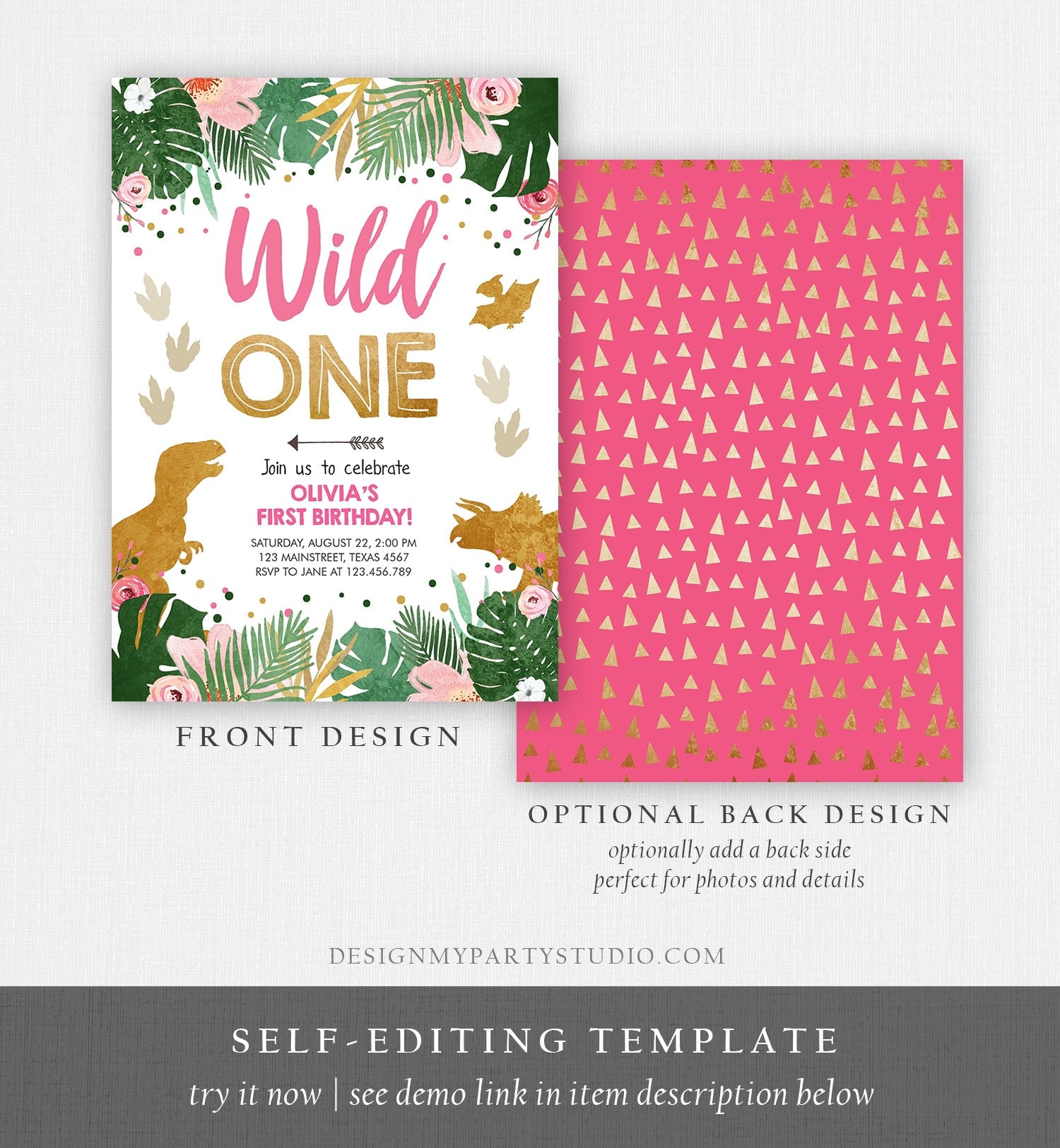 Editable Wild One Birthday Invitation Dinosaur Dino Party Girl 1st First Birthday Pink Gold Born to be Wild Corjl Template Printable 0146