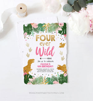 Editable Four Ever Wild Birthday Invitation Dinosaur Dino Party Girl 4th Fourth Birthday Pink Gold Fourever Corjl Template Printable 0146