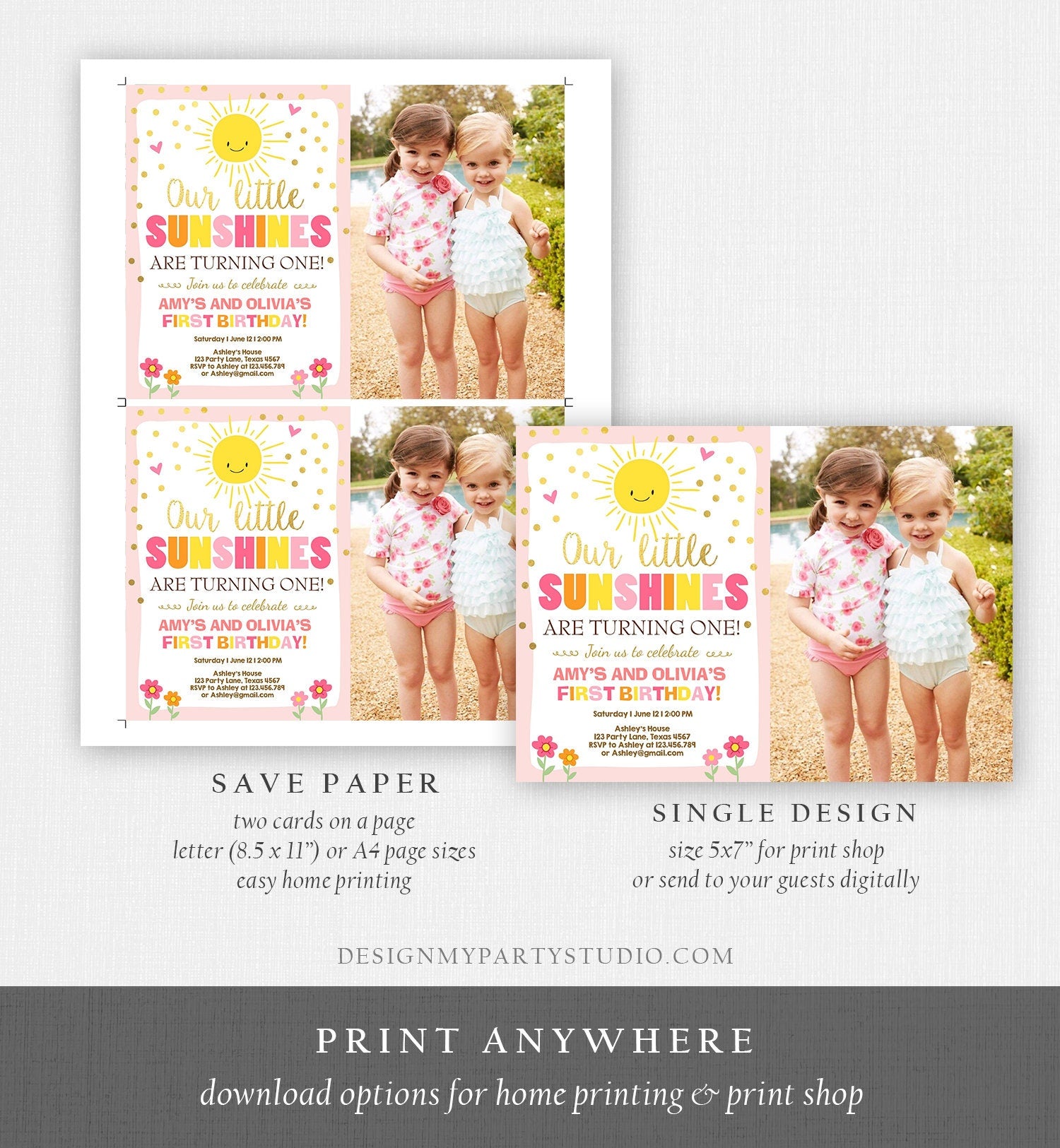 Editable Birthday Invitation Twins Little Sunshines Girls Siblings Pink Gold Girl Summer Download Printable Invitation Template Corjl 0070